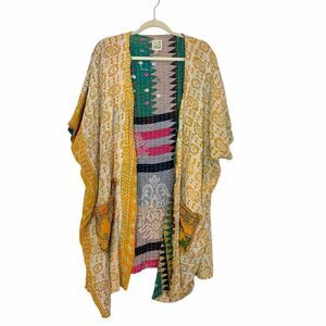 Jaded Gypsy Long Kimono Jacket OS Multicolor Cotton Patchwork Kantha Yellow